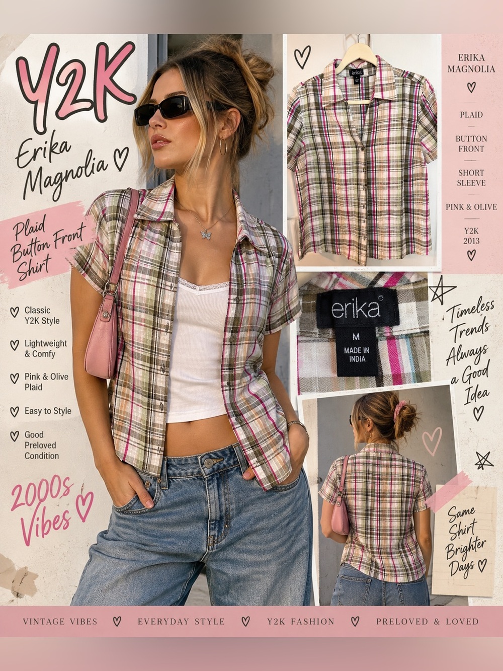 Erika Magnolia Plaid Button Front Shirt Medium Pink Olive Y2K 2013